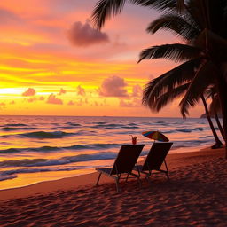 A scenic view of a serene beach at sunset