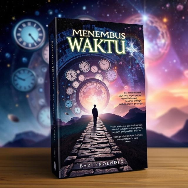 A captivating book cover for a novel titled 'Menembus Waktu'