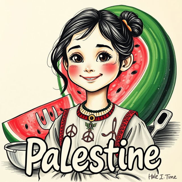 A heartfelt and expressive drawing showcasing a young girl with a serene smile, embodying her love for peace and Palestine