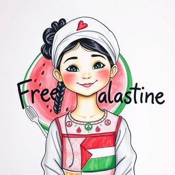 A heartfelt and expressive drawing showcasing a young girl with a serene smile, embodying her love for peace and Palestine