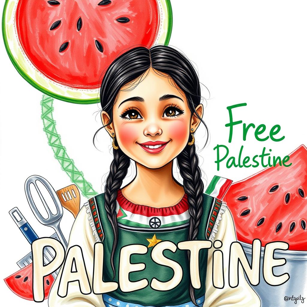 A heartfelt and expressive drawing showcasing a young girl with a serene smile, embodying her love for peace and Palestine