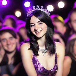 A realistic, high-resolution photograph of a 20-year-old British girl with shoulder-length black hair, accented by a purple stripe