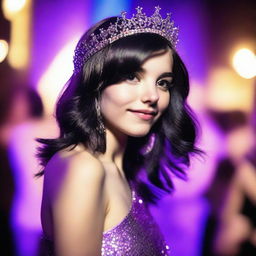 A realistic, high-resolution photograph of a 20-year-old British girl with shoulder-length black hair, accented by a purple stripe