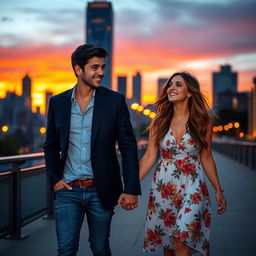 A stylish couple walking hand in hand in an urban setting