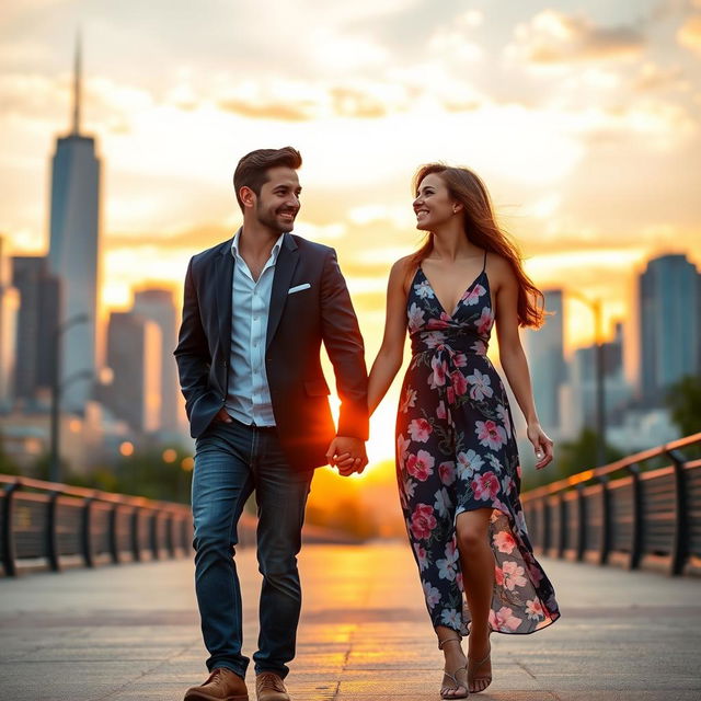 A stylish couple walking hand in hand in an urban setting