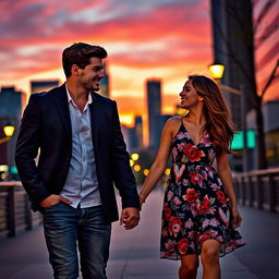 A stylish couple walking hand in hand in an urban setting