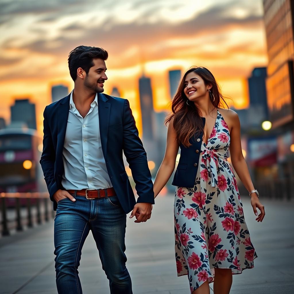 A stylish couple walking hand in hand in an urban setting