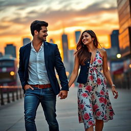 A stylish couple walking hand in hand in an urban setting