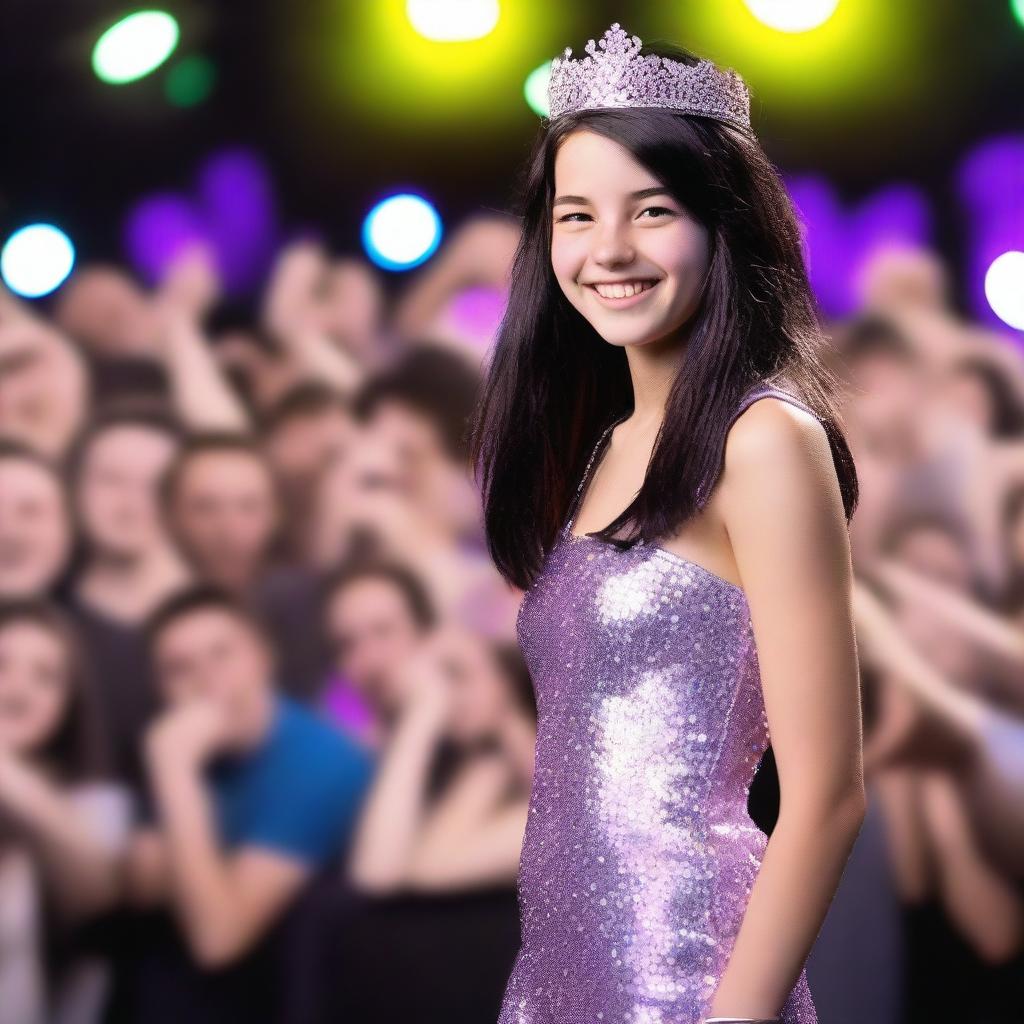 A high-quality, realistic photograph of a 14-year-old British girl with shoulder-length black hair, highlighted by a purple stripe