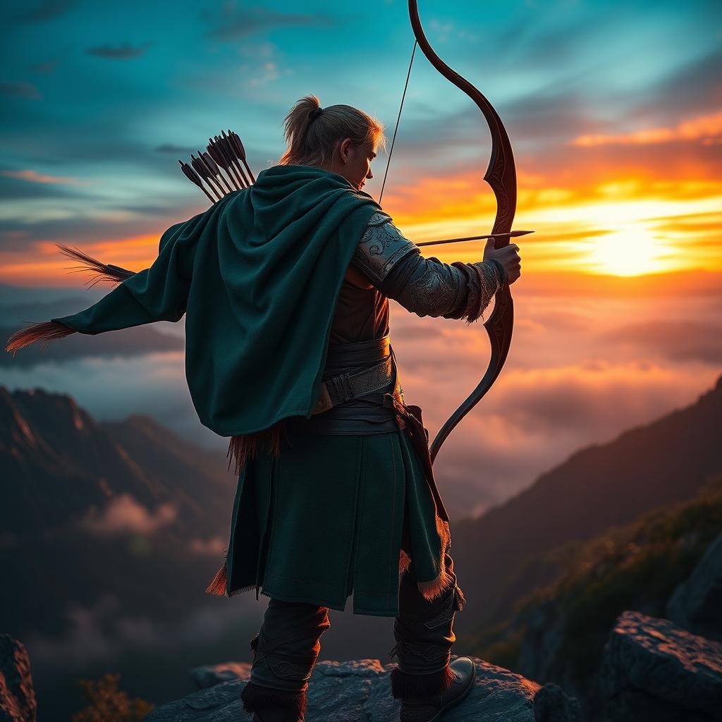 A heroic archer standing on a cliff, overlooking a misty valley at dawn