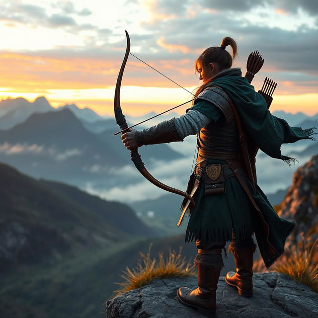 A heroic archer standing on a cliff, overlooking a misty valley at dawn