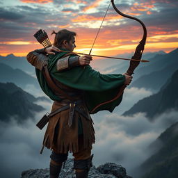 A heroic archer standing on a cliff, overlooking a misty valley at dawn