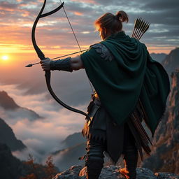 A heroic archer standing on a cliff, overlooking a misty valley at dawn