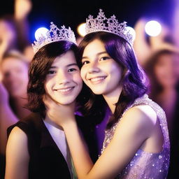 A high-quality, realistic photograph of a 14-year-old British girl with shoulder-length black hair, highlighted by a purple stripe