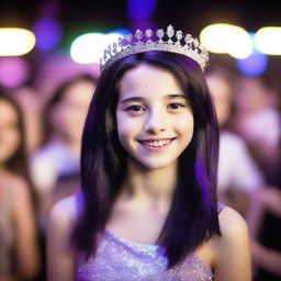 A high-quality, realistic photograph of a 14-year-old British girl with shoulder-length black hair, highlighted by a purple stripe