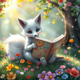 A whimsical scene featuring a curious white fox sitting on a soft patch of grass, engrossed in reading a large, colorful book