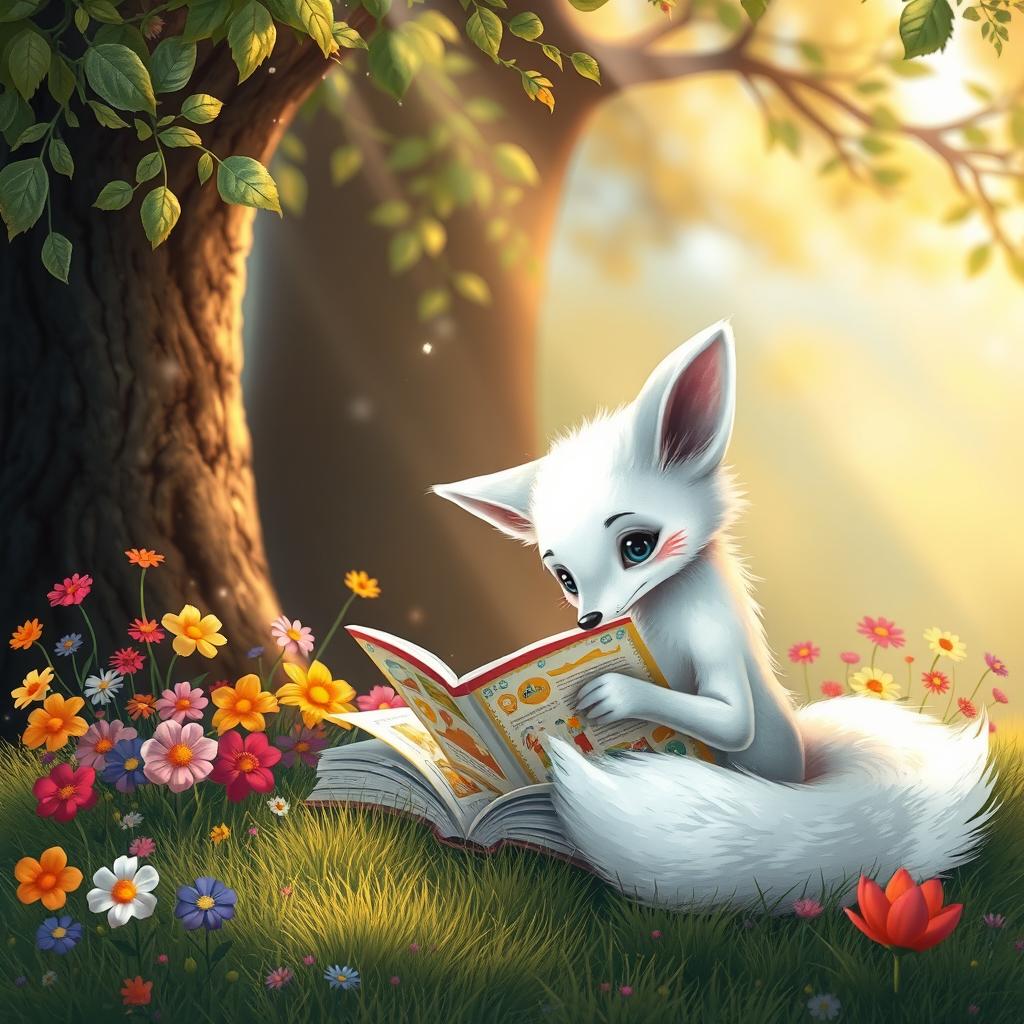 A whimsical scene featuring a curious white fox sitting on a soft patch of grass, engrossed in reading a large, colorful book