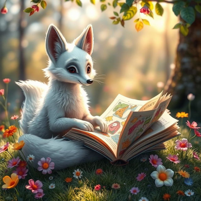 A whimsical scene featuring a curious white fox sitting on a soft patch of grass, engrossed in reading a large, colorful book