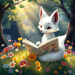 A whimsical scene featuring a curious white fox sitting on a soft patch of grass, engrossed in reading a large, colorful book