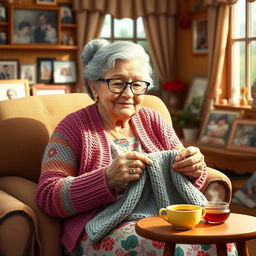 A warm and loving depiction of a grandmother, seated in a cozy living room filled with family photographs and handmade crafts