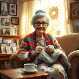 A warm and loving depiction of a grandmother, seated in a cozy living room filled with family photographs and handmade crafts