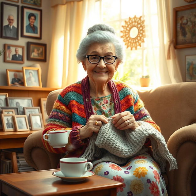 A warm and loving depiction of a grandmother, seated in a cozy living room filled with family photographs and handmade crafts