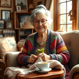A warm and loving depiction of a grandmother, seated in a cozy living room filled with family photographs and handmade crafts