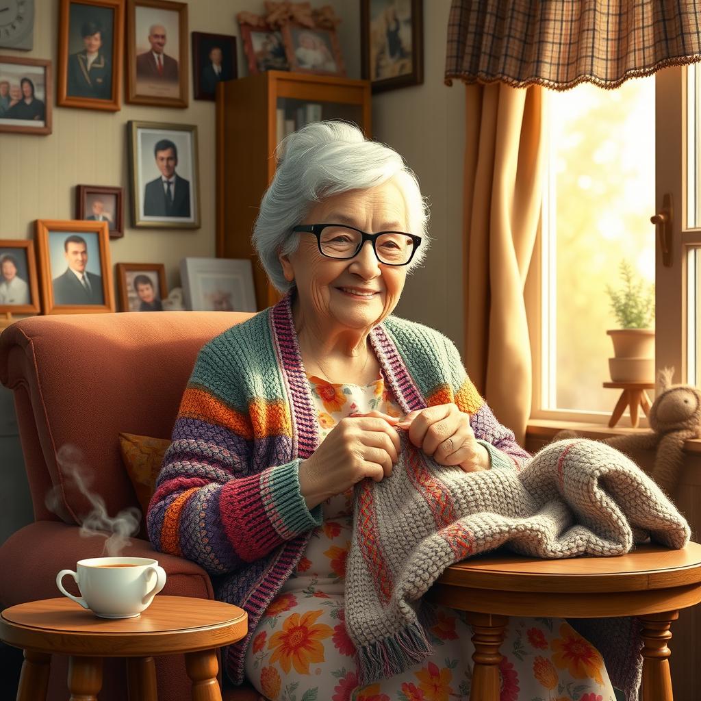 A warm and loving depiction of a grandmother, seated in a cozy living room filled with family photographs and handmade crafts