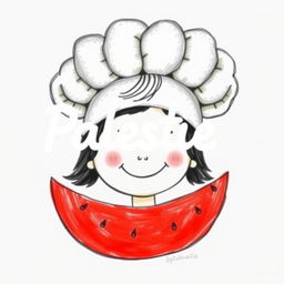 A whimsical drawing featuring a young girl's face wearing a large, fluffy cooking hat, with a cheerful expression