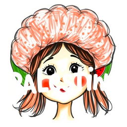A whimsical drawing featuring a young girl's face wearing a large, fluffy cooking hat, with a cheerful expression