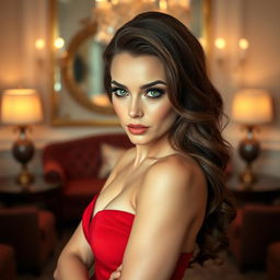 A beautiful and alluring woman with long, wavy brunette hair styled elegantly, wearing a stunning and form-fitting red dress that accentuates her curves