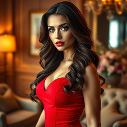 A beautiful and alluring woman with long, wavy brunette hair styled elegantly, wearing a stunning and form-fitting red dress that accentuates her curves