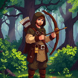 A vibrant pixel-art depiction of a skilled archer, standing confidently with a beautifully crafted bow and a quiver of arrows slung over their shoulder