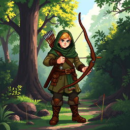 A vibrant pixel-art depiction of a skilled archer, standing confidently with a beautifully crafted bow and a quiver of arrows slung over their shoulder