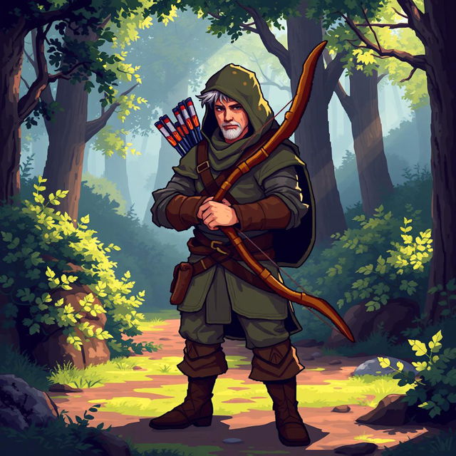 A vibrant pixel-art depiction of a skilled archer, standing confidently with a beautifully crafted bow and a quiver of arrows slung over their shoulder