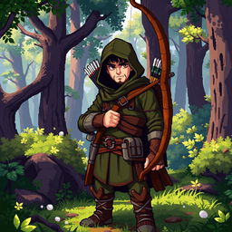 A vibrant pixel-art depiction of a skilled archer, standing confidently with a beautifully crafted bow and a quiver of arrows slung over their shoulder