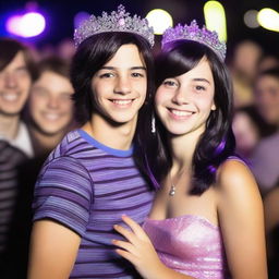 A high-quality, realistic photograph of a 14-year-old British girl with shoulder-length black hair, accentuated by a purple stripe