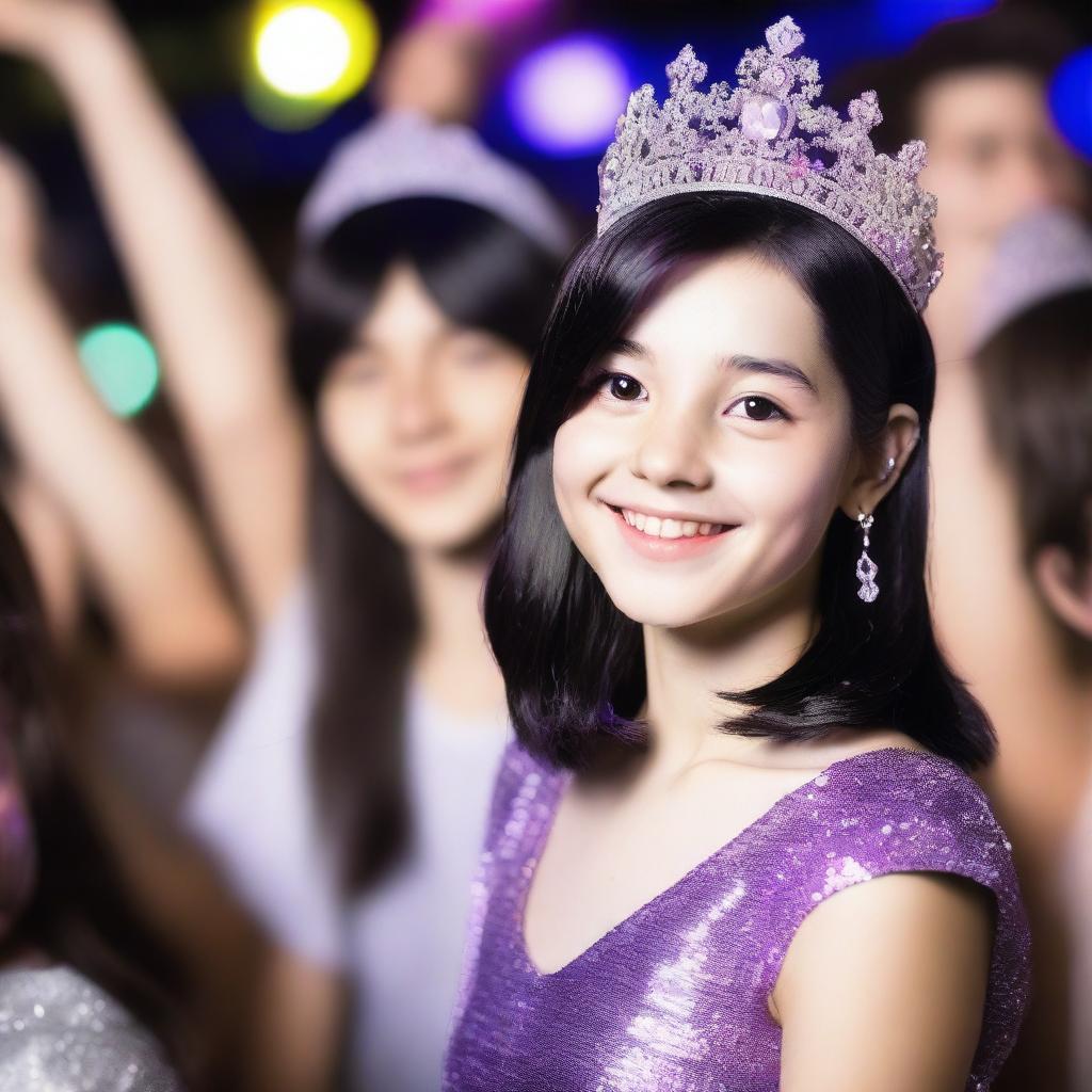 A high-quality, realistic photograph of a 14-year-old British girl with shoulder-length black hair, accentuated by a purple stripe