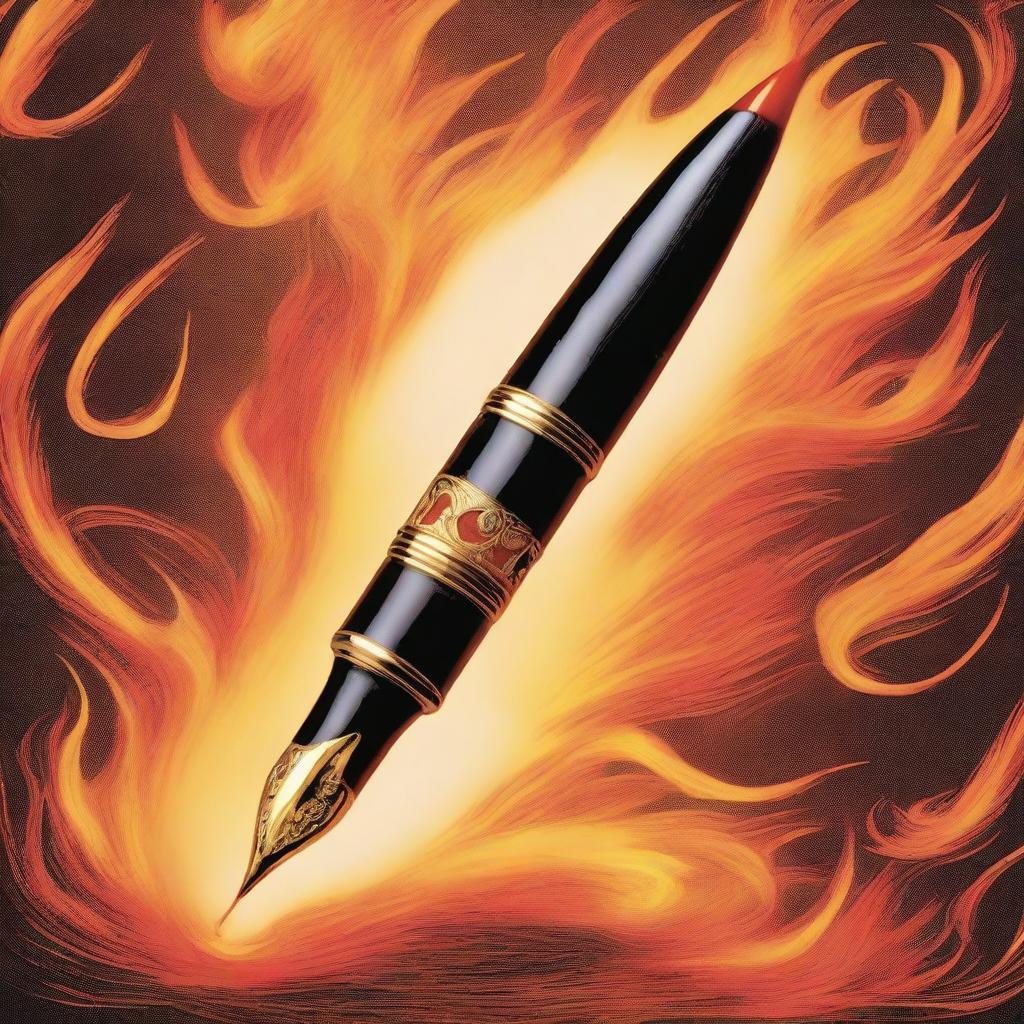 This image is a high-quality book cover featuring a fountain pen at its center, fully enveloped in a blaze of fire