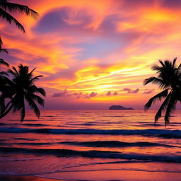 A stunning landscape scene featuring a vast, colorful sunset over a tranquil ocean