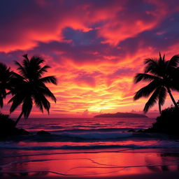 A stunning landscape scene featuring a vast, colorful sunset over a tranquil ocean
