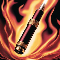 This image is a high-quality book cover featuring a fountain pen at its center, fully enveloped in a blaze of fire