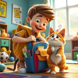 A 3D animated scene featuring a young boy named Billy who is energetically rummaging through a colorful backpack that's overflowing with toys and books