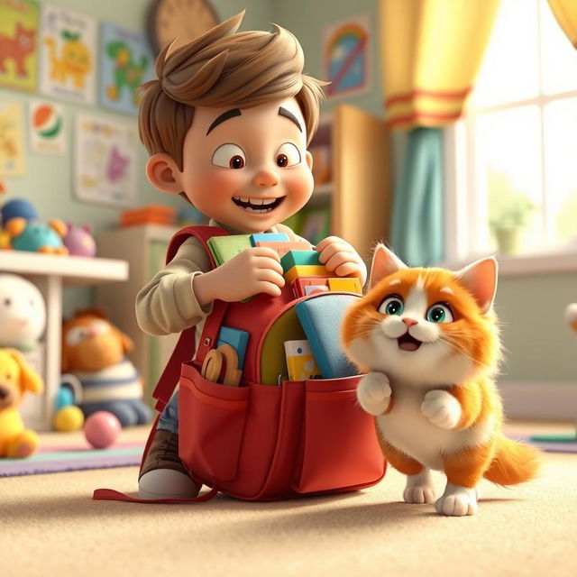 A 3D animated scene featuring a young boy named Billy who is energetically rummaging through a colorful backpack that's overflowing with toys and books