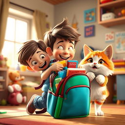 A 3D animated scene featuring a young boy named Billy who is energetically rummaging through a colorful backpack that's overflowing with toys and books