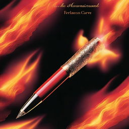 This image is a high-quality book cover featuring a fountain pen at its center, fully enveloped in a blaze of fire