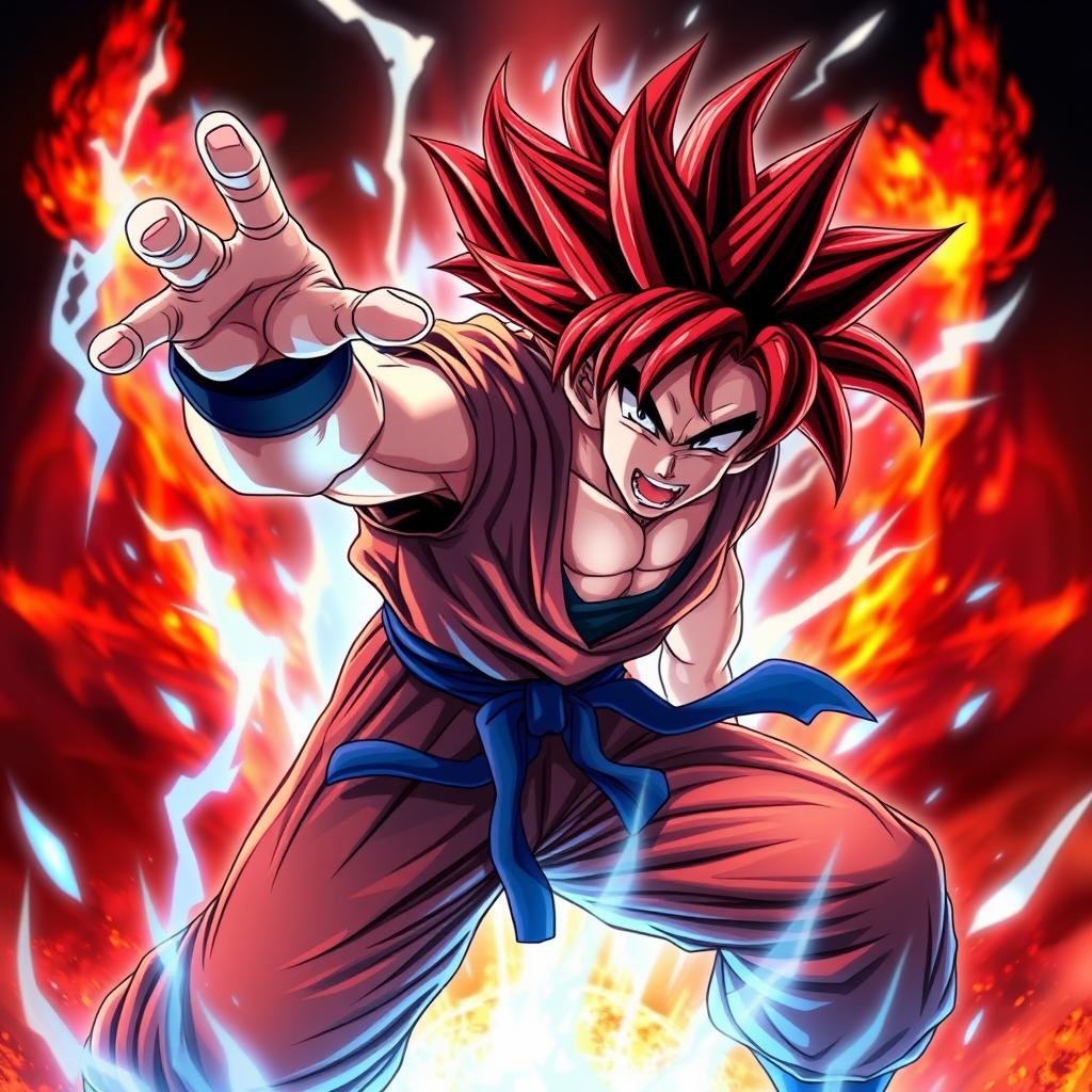 A digital illustration of Goku from Dragon Ball Super fused with Iori Yagami from The King of Fighters, depicted in a dynamic action pose