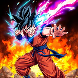 A digital illustration of Goku from Dragon Ball Super fused with Iori Yagami from The King of Fighters, depicted in a dynamic action pose