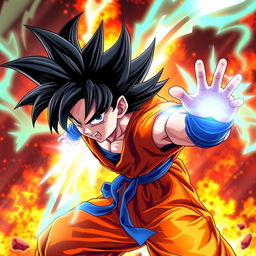 A digital illustration of Goku from Dragon Ball Super fused with Iori Yagami from The King of Fighters, depicted in a dynamic action pose