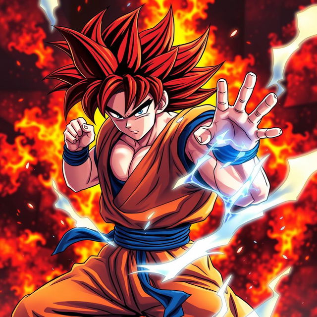 A digital illustration of Goku from Dragon Ball Super fused with Iori Yagami from The King of Fighters, depicted in a dynamic action pose